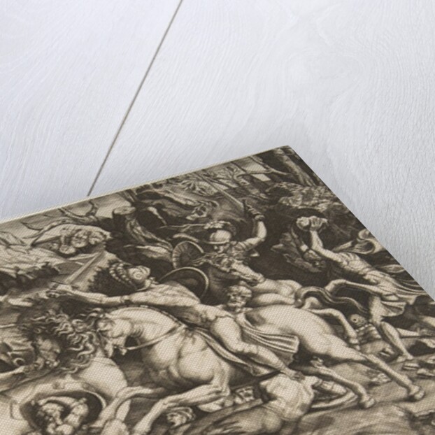 Battle scene in a landscape with soldiers on horseback and several fallen men, another…, ca. 1520 by Marco Dente