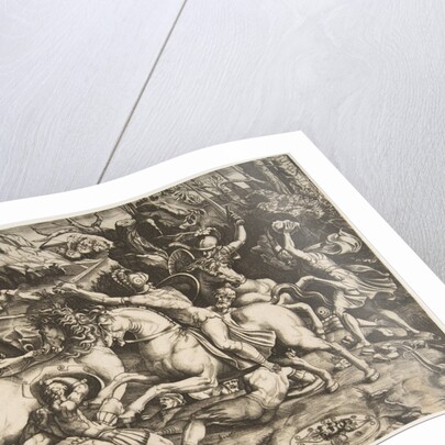 Battle scene in a landscape with soldiers on horseback and several fallen men, another…, ca. 1520 by Marco Dente