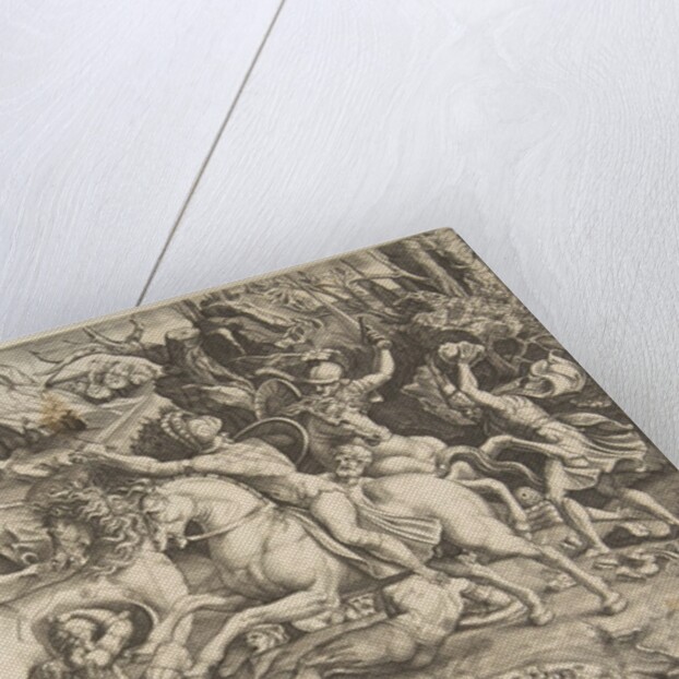 Battle scene in a landscape with soldiers on horseback and several fallen men, another…, ca. 1520 by Marco Dente