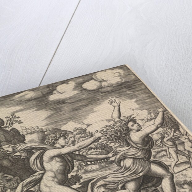 Apollo chasing Daphne who throws her arms up, in the background at right shows the mome…, 1530-60 by Master of the Die