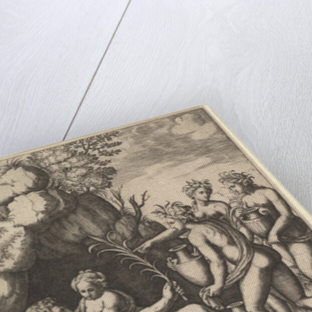 Daphne embracing her father, the river-god Peneus, at the left three nymphs bring jars …, 1530-60 by Master of the Die