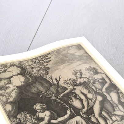 Daphne embracing her father, the river-god Peneus, at the left three nymphs bring jars …, 1530-60 by Master of the Die