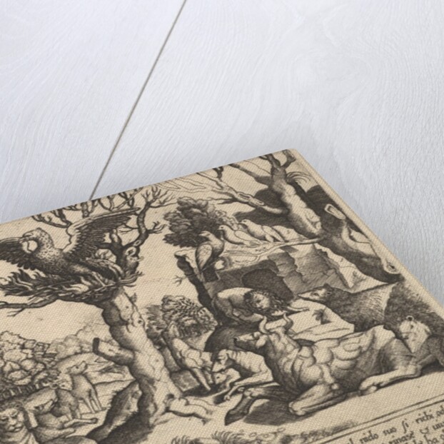 A phoenix sat atop a tree, wings open, an assortment of animals below, 1530-60 by Master of the Die