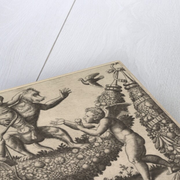 A monkey holding a bound putto standing on a garland in front of which are two winged p…, 1530-60 by Master of the Die