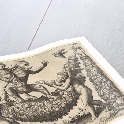 A monkey holding a bound putto standing on a garland in front of which are two winged p…, 1530-60 by Master of the Die