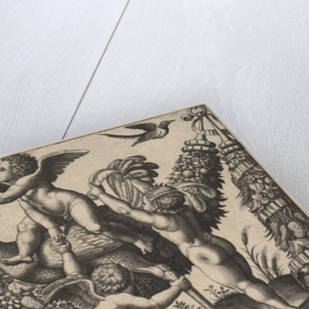 Three putti before a large garland, the one in the middle rides an ostrich, from a …, ca. 1530-40 by Master of the Die