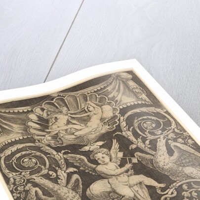 A panel of ornament with a putto in the centre holding a windmill, 1532 by Master of the Die