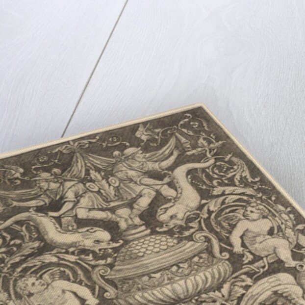 A panel of ornament with a large jar in centre, putti and other figures, 1530-60 by Master of the Die