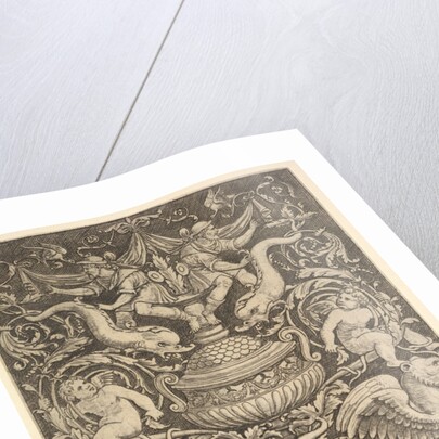 A panel of ornament with a large jar in centre, putti and other figures, 1530-60 by Master of the Die