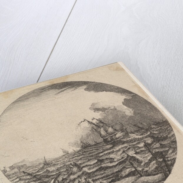 Tempest in a roundel composition, at left waves toss a small ship occupied by seven…, ca. 1625-60 by Matthijs van Plattenberg
