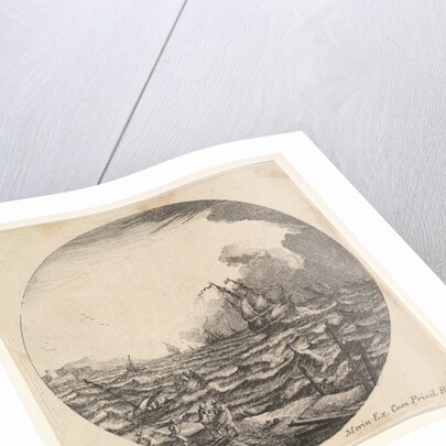 Tempest in a roundel composition, at left waves toss a small ship occupied by seven…, ca. 1625-60 by Matthijs van Plattenberg