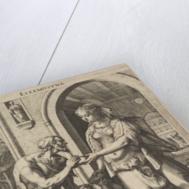 Alms-giving: a woman with pearl headdress and halo hands bread to two male beggars, one be…, 1589 by Raphael Sadeler