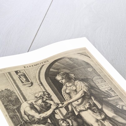 Alms-giving: a woman with pearl headdress and halo hands bread to two male beggars, one be…, 1589 by Raphael Sadeler