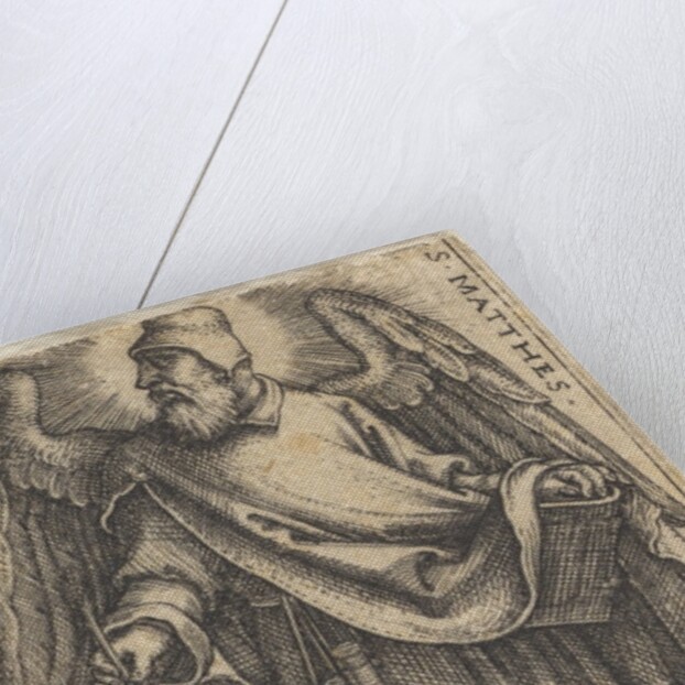 Plate 1: Saint Matthew with his head turned in profile to the left, a cherub at bottom lef…, 1541 by Sebald Beham
