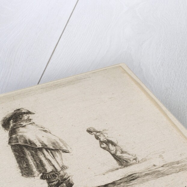 Plate 17: a man wearing a plumed hat in center facing right, a woman walking toward…, ca. 1644-47 by Stefano della Bella