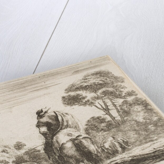 Plate 24: herdsman atop a horse, seen from behind, leads his cattle down a hill, a …, ca. 1644-47 by Stefano della Bella