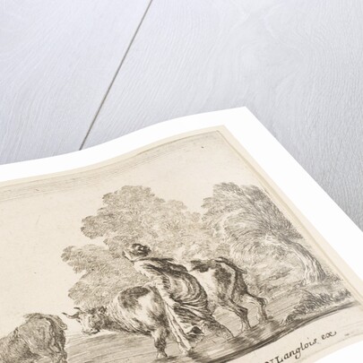 Plate 2: a peasant woman herds two cows across a stream, walking towards the left…, ca. 1644-47 by Stefano della Bella