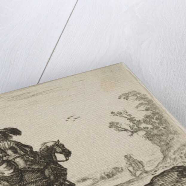 Plate 10: a horseman and a woman, seen from behind, riding towards the right with a young …, 1642 by Stefano della Bella