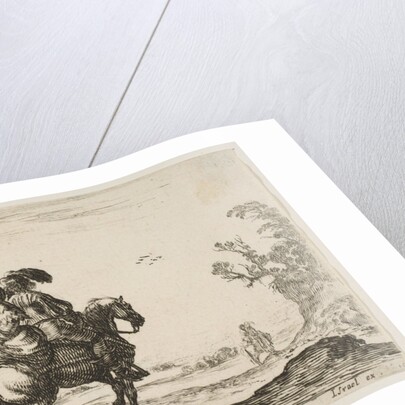 Plate 10: a horseman and a woman, seen from behind, riding towards the right with a young …, 1642 by Stefano della Bella