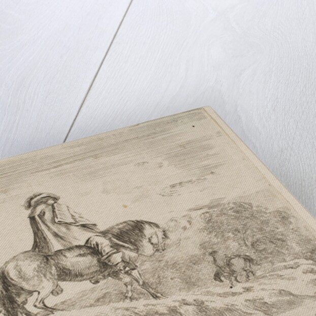 Plate 10: two horsemen descending a mountain at left, another horseman to right in …, ca. 1644-47 by Stefano della Bella
