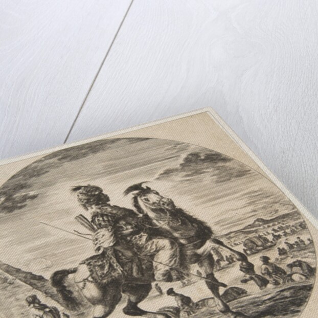 Moorish horseman in profile facing right, in the background a pyramid at left, many fi…, ca. 1651 by Stefano della Bella