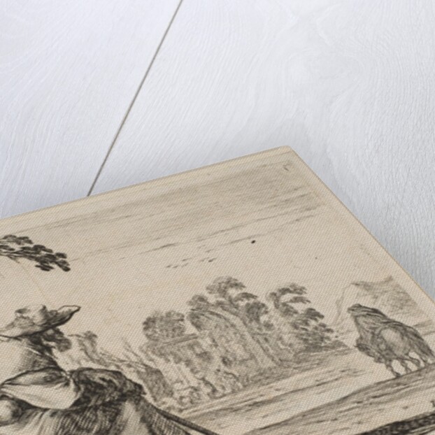 Plate 5: two pilgrims with hats rest to the left, seen from behind, a horseman rides towar…, 1642 by Stefano della Bella