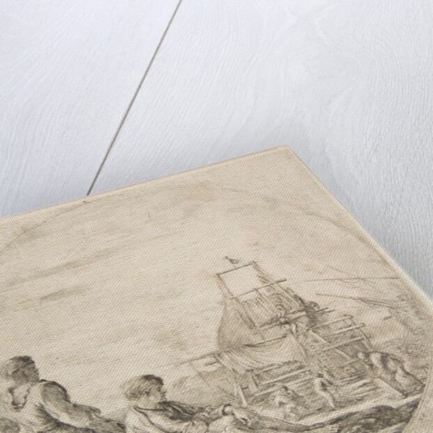 A seated white sailor and a standing black sailor, people building a ship in the backg…, ca. 1660 by Stefano della Bella