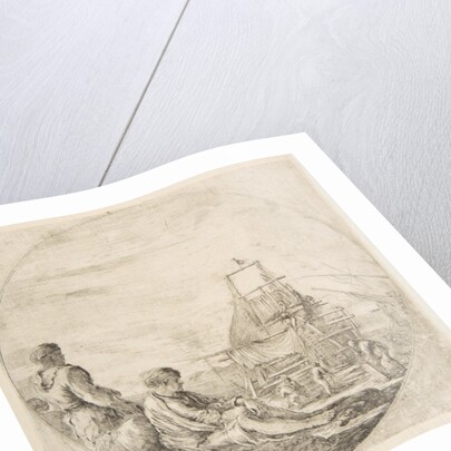 A seated white sailor and a standing black sailor, people building a ship in the backg…, ca. 1660 by Stefano della Bella