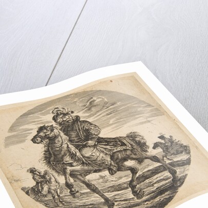 Hungarian horseman riding towards the left, other horsemen in the background, a circular c… by Johanna Christina Küsel