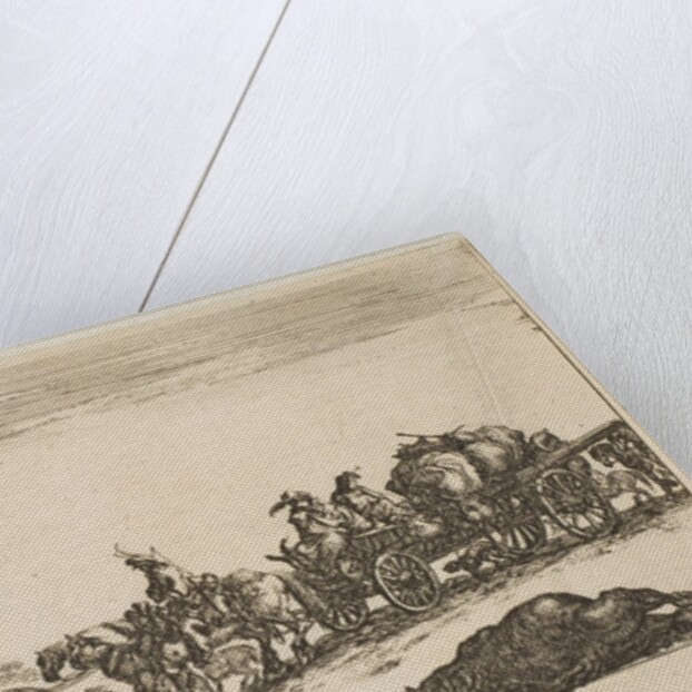 Plate 1: a horse drawn cart carrying people and goods, dead horse in the foreground, f…, ca. 1641 by Stefano della Bella
