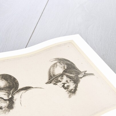 Plate 10: two heads of old soldiers wearing helmets, both facing left and looking down…, ca. 1641 by Stefano della Bella