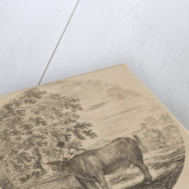 A peasant woman with a cow at a fountain decorated with the Medici arms, from 'Six ani…, ca. 1646 by Stefano della Bella