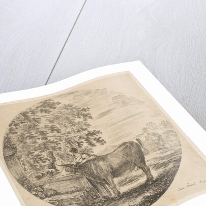 A peasant woman with a cow at a fountain decorated with the Medici arms, from 'Six ani…, ca. 1646 by Stefano della Bella