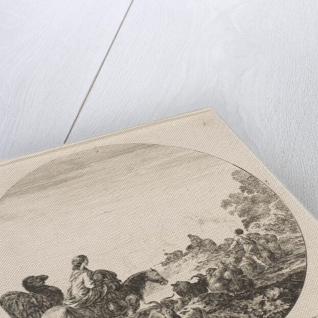 Plate 5: a woman carrying a child on a horse at left, a camel following her, a herd of…, ca. 1646 by Stefano della Bella