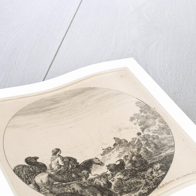 Plate 5: a woman carrying a child on a horse at left, a camel following her, a herd of…, ca. 1646 by Stefano della Bella