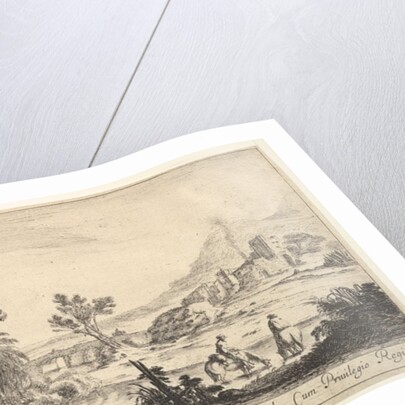 Plate 6: a fisherman carrying a net to left, two horsemen in a stream to right, a tree…, ca. 1641 by Stefano della Bella