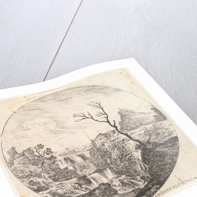 Plate 7: a triple waterfall, a dead tree to right, a mountain and a herd of cows to…, ca. 1643-48 by Stefano della Bella