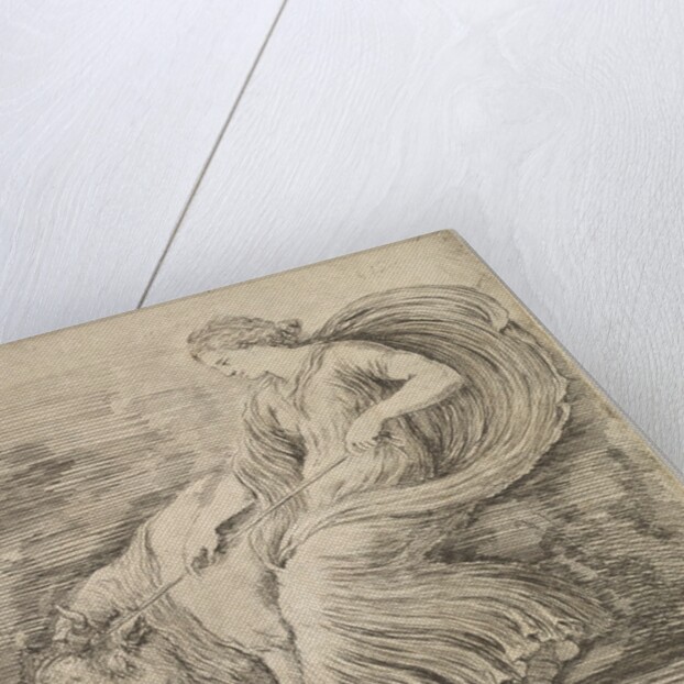 A woman in profile pulling back on a rope tied around the horns of a young bull, ca. 1660 by Stefano della Bella