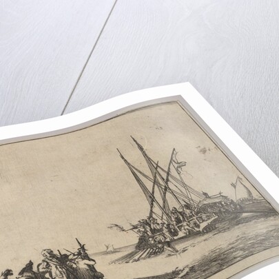 A rowboat full of men in center, a group of men standing on shore at left, a ship full of …, 1639 by Stefano della Bella