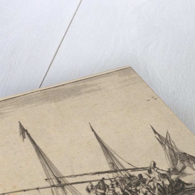 A rowboat full of men at right, a ship with men descending into a rowboat behind to left…, 1639 by Stefano della Bella