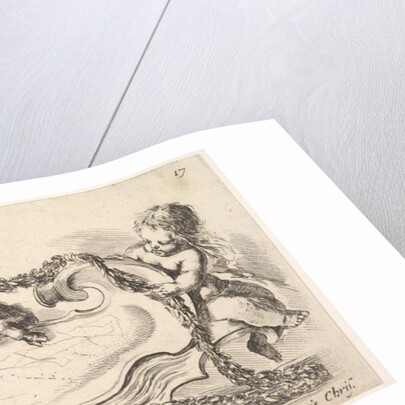 Plate 17: a cartouche with a marble center, an infant on either side holding a garland ove…, 1646 by Stefano della Bella