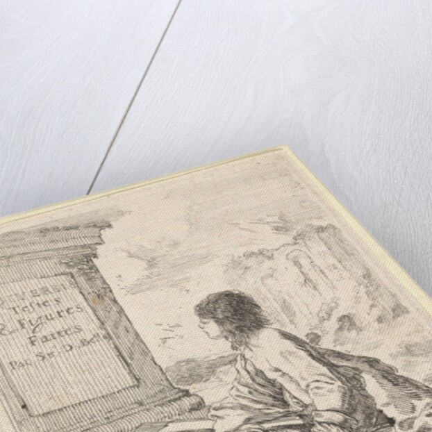 Plate 1: a young man sitting on a stone, facing left in profile, holding a drawing pad in …, 1650 by Stefano della Bella