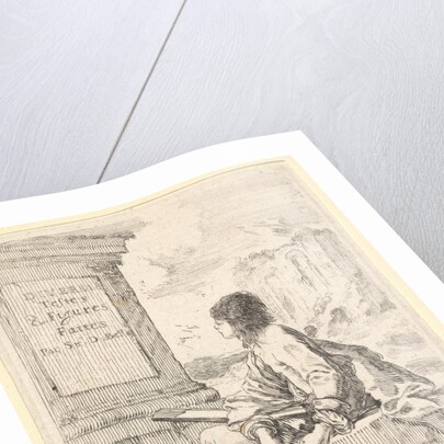 Plate 1: a young man sitting on a stone, facing left in profile, holding a drawing pad in …, 1650 by Stefano della Bella