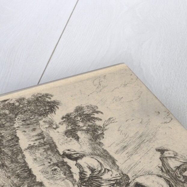 Plate 19: a rider making his horse drink from a basin of a fountain at left, another h…, ca. 1646 by Stefano della Bella