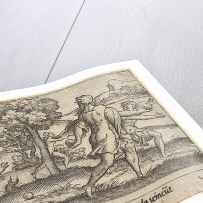 Atalanta and Hippomenes, in the foreground Atalanta kneeling to pick up an apple an…, ca. 1535-62 by Virgil Solis
