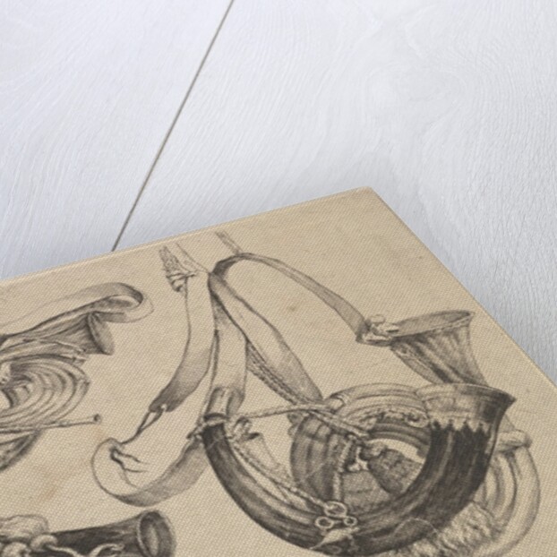 Seven hunting horns in three groupings, 1625-77 by Wenceslaus Hollar