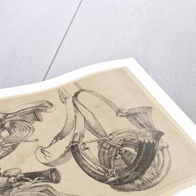 Seven hunting horns in three groupings, 1625-77 by Wenceslaus Hollar