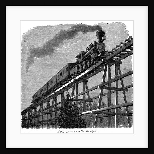Train crossing a wooden trestle bridge on the Union Pacific Railroad, Wyoming, USA, c1870 by Unknown