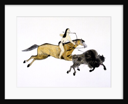 Mounted Grand Plains Indian hunting Buffalo with bow and arrow, c1890-c1927 by Kills Two