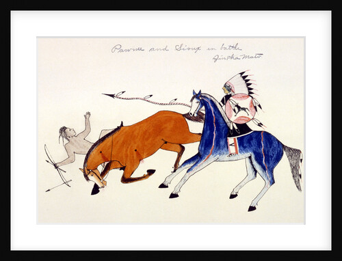 Unhorsing of a Pawnee warrior by Dakota Sioux warrior Zintka Mato (Dog Bear), c1889-1927 by Kills Two